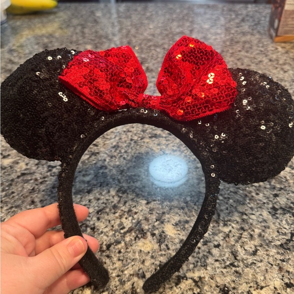 Disney Accessories - Disney Black Sequin Minnie Ears Headband with Red Sequin Bow